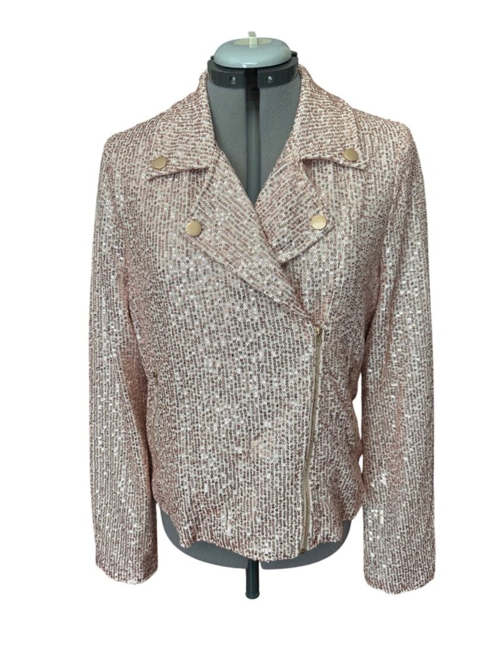 Lulus Rose Gold Sequin Zip Up Moto Jacket Womens L Fully Lined
